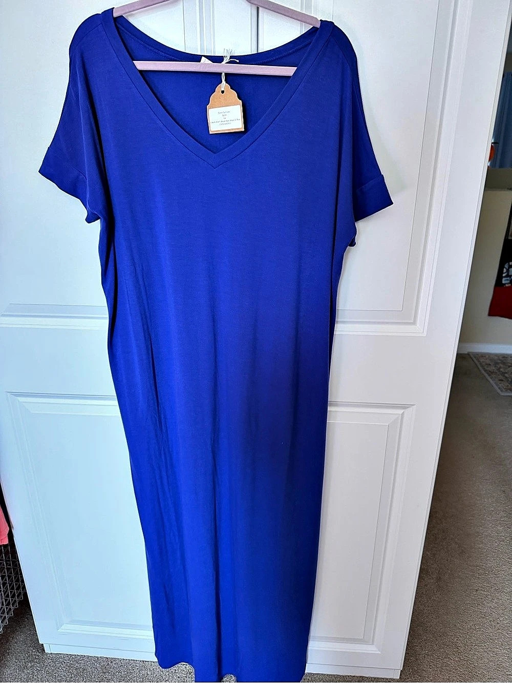 Zenana V-Neck Short Sleeve Maxi Dress Blue Medium